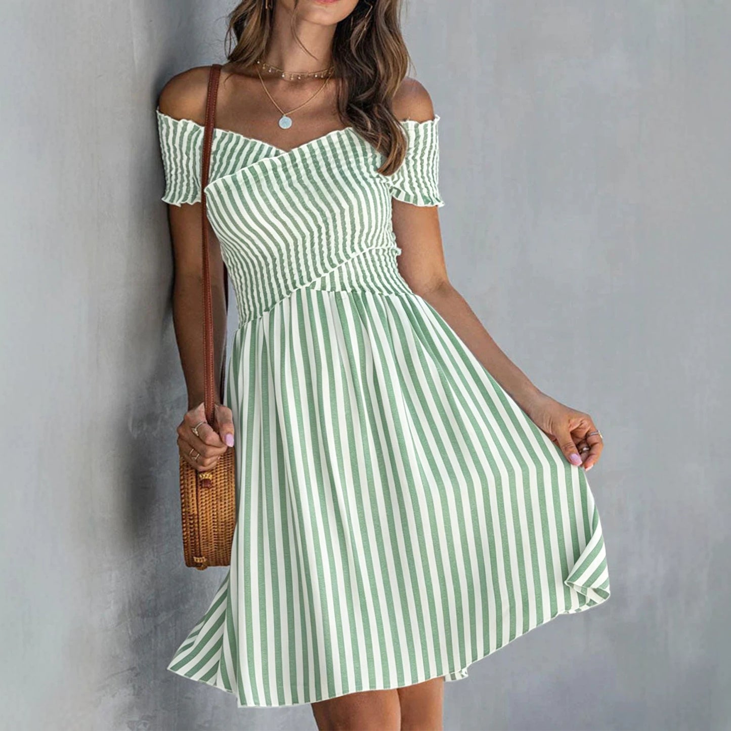 Women's Off Shoulder Striped Maxi Dress Slim Fit Summer Vacation Dress