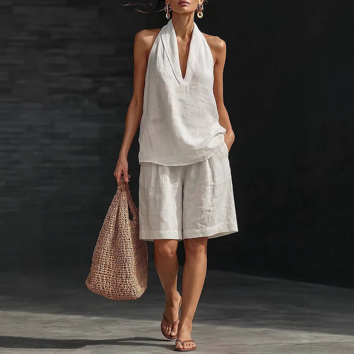 Women's Linen Blend Halter Neck Top and Shorts Set Casual Summer Two Piece Resort Outfit