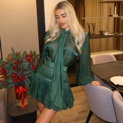Nouvel ensemble décontracté : haut à nœud en dentelle et jupe plissée taille haute