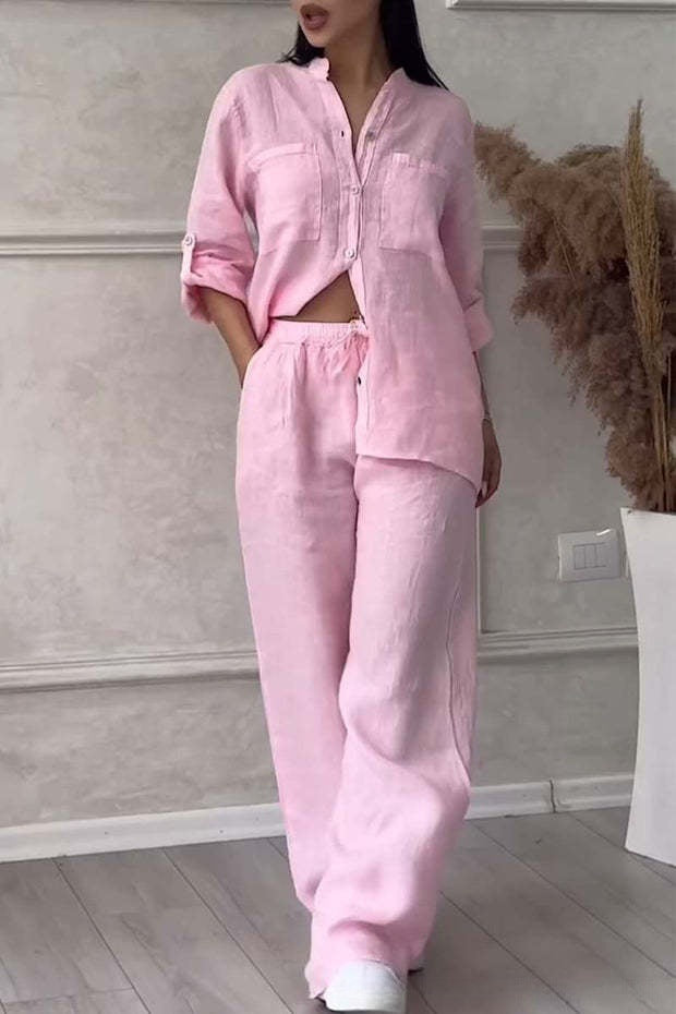 Women's Linen Two Piece Set Button Down Shirt and Wide Leg Pants Casual Matching Outfit Summer Vacation Co Ord Set