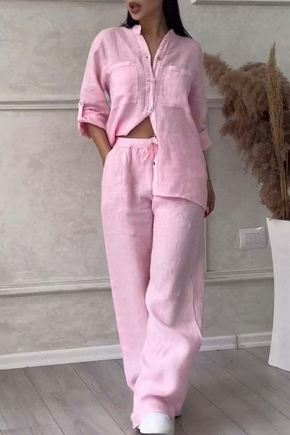 Women's Linen Two Piece Set Button Down Shirt and Wide Leg Pants Casual Matching Outfit Summer Vacation Co Ord Set