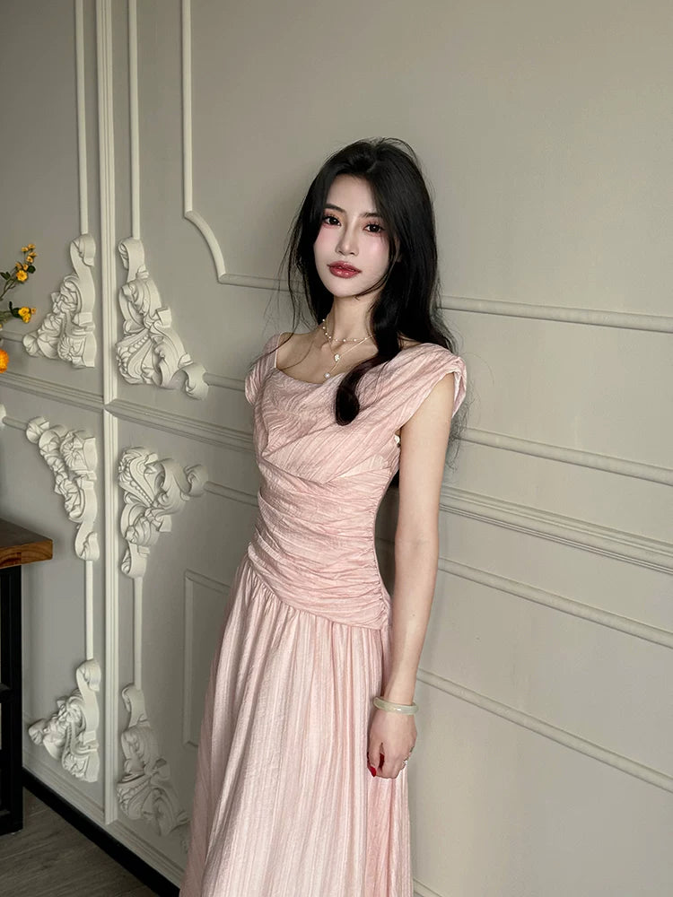 Elegant Off Shoulder Midi Dress – Slim Waist Soft Pink Summer Dress for Women - Seldom Seen Styles