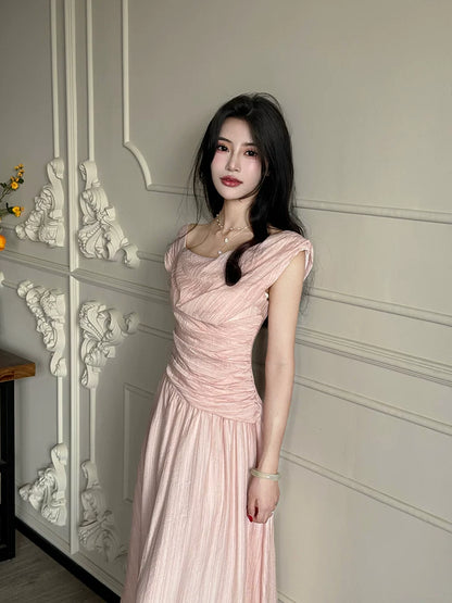 Elegant Off Shoulder Midi Dress – Slim Waist Soft Pink Summer Dress for Women