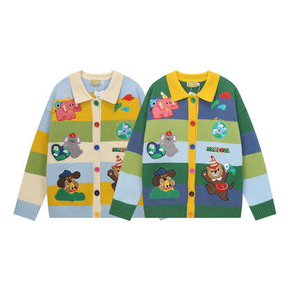 Cartoon Embroidery Colorful Striped Knit Cardigan Loose Fit Couple Casual Japanese Style Sweater Jacket | Stripe Toon Cardigan