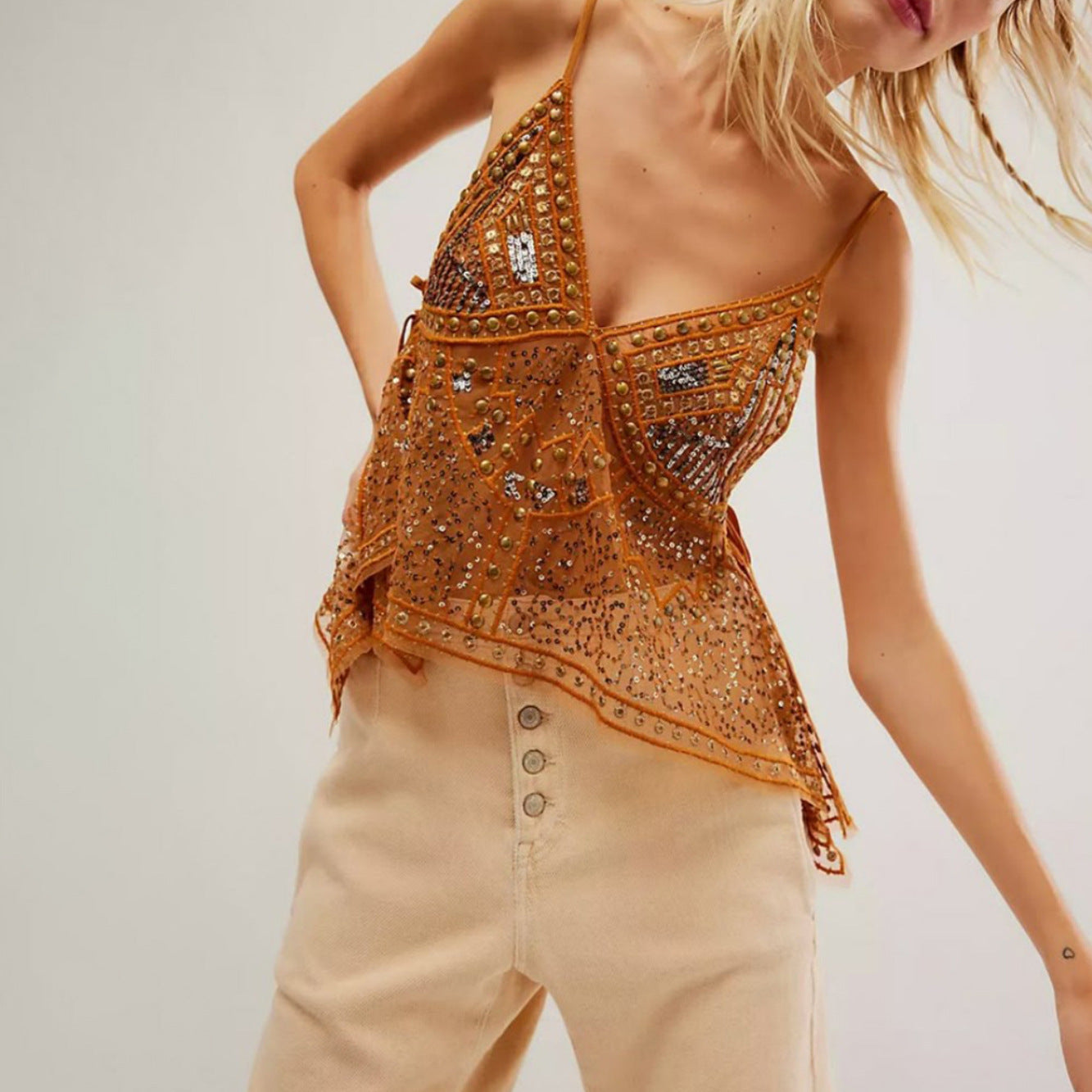 Women Y2K Sequin Mesh Tank Top Glitter Floral Embroidered Cami Crop Top Sleeveless Backless Rhinestone Camisole - Seldom Seen Styles