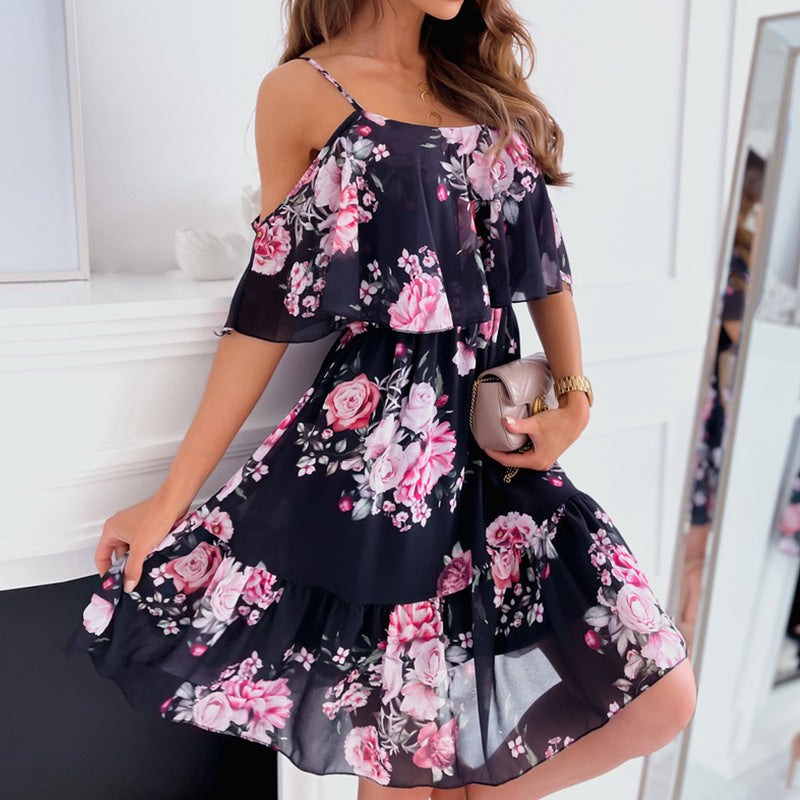 Women's Floral Off Shoulder Dress Chiffon Summer Boho Mini Dress - Seldom Seen Styles