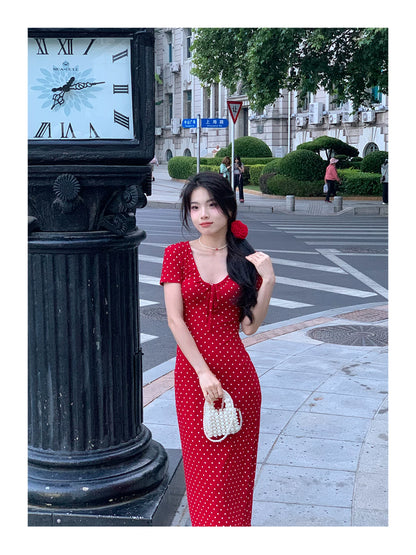 New solid color red polka dot elastic slim white drawstring design V-neck short-sleeved dress long dress women