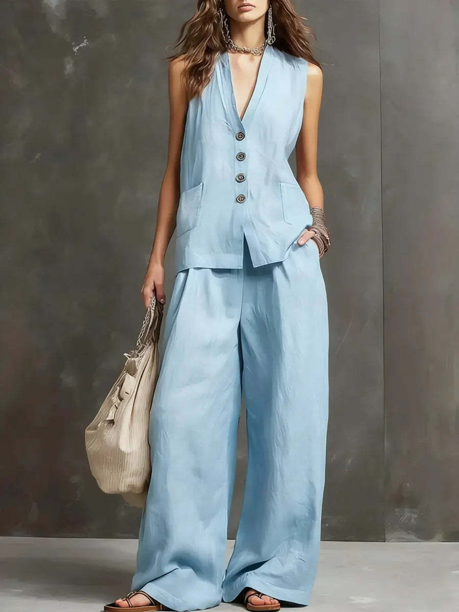 Women's Sleeveless Vest Wide Leg Pants Linen Two Piece Set Summer Casual Vacation Outfit - Seldom Seen Styles