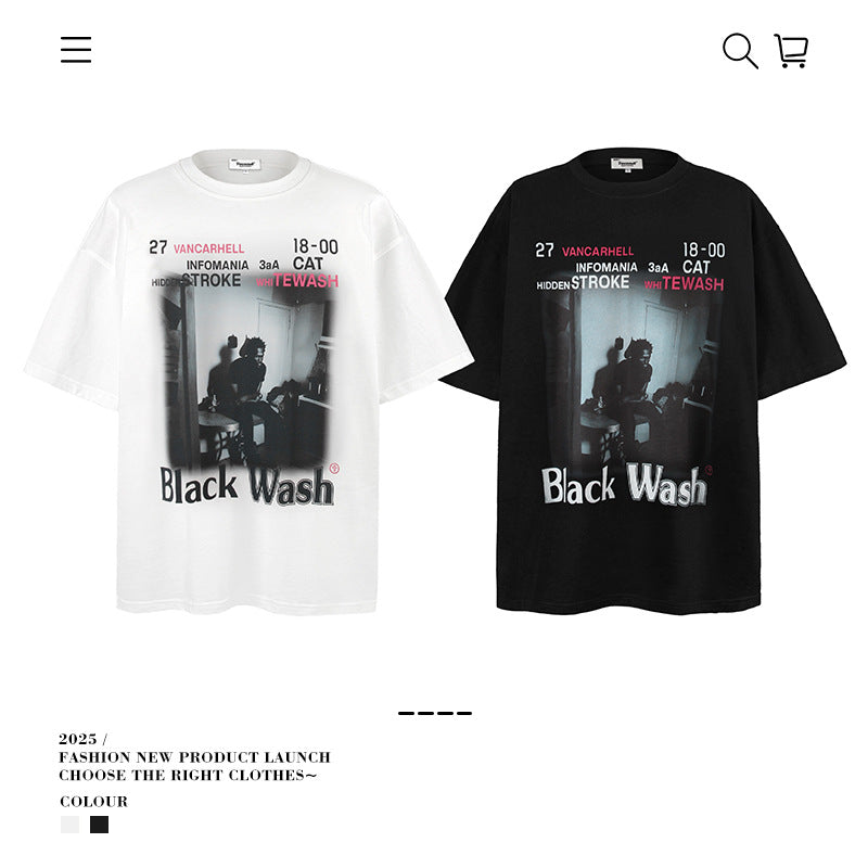 VANCARHELL Infomania Cat Hidden Stroke Black Wash T-shirt