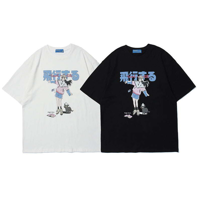 Crew Neck Short Sleeve Japanese Anime Girl Cat Graphic Print T-Shirt Loose Oversized Cyberpunk Streetwear Casual Summer Top | Hikō Girl
