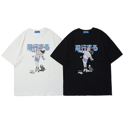 Crew Neck Short Sleeve Japanese Anime Girl Cat Graphic Print T-Shirt Loose Oversized Cyberpunk Streetwear Casual Summer Top | Hikō Girl