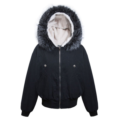 TALISHKO Faux Fur Lined Zip Up Winter Hooded Bomber Jacket