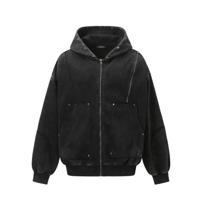 TALISHKO / SUPERMADE Street Washed Distressed Stitching Rivet Hooded Jacket