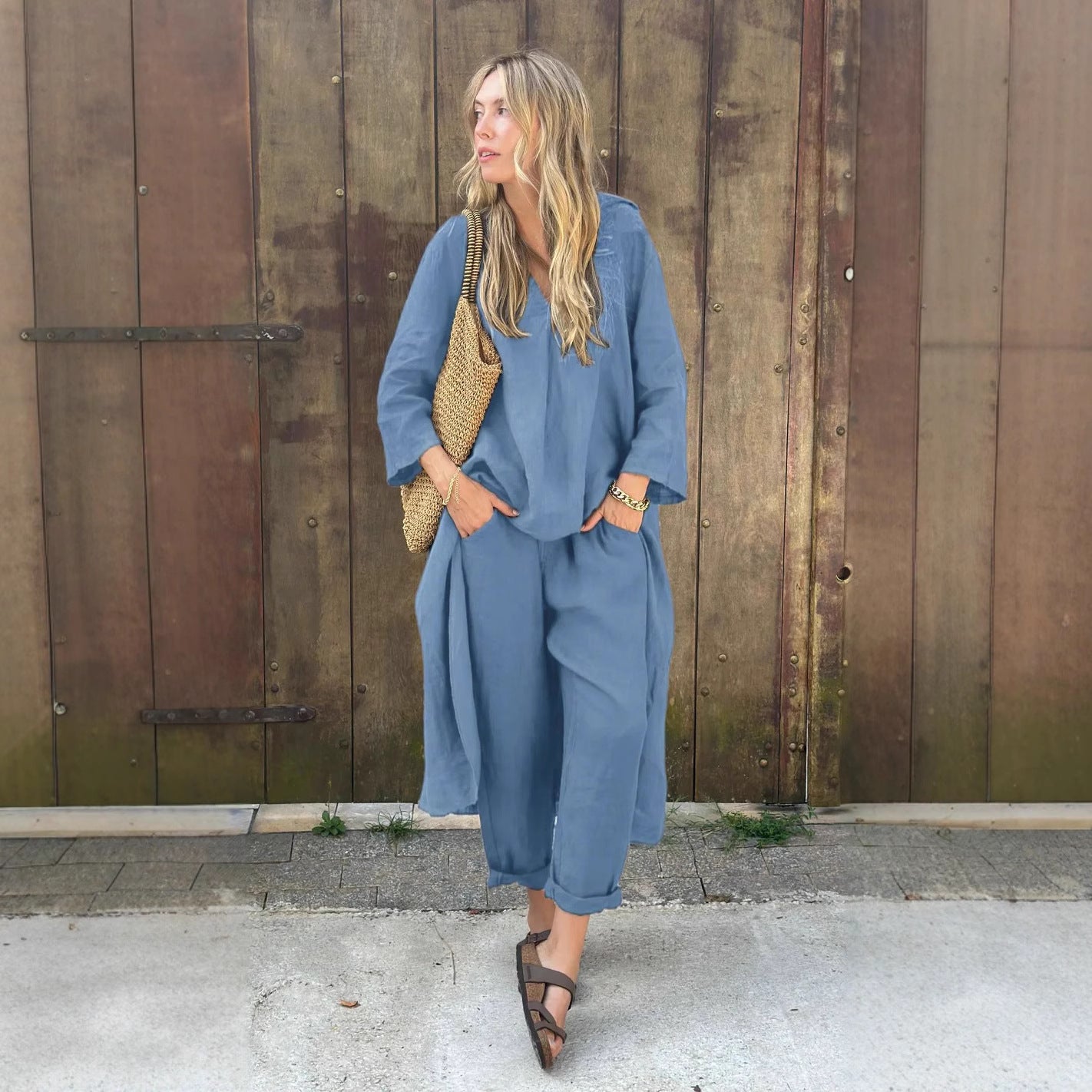 Women's Cotton Linen Two Piece Set Loose Long Sleeve Tunic Top & Wide Leg Pants Casual Matching Outfit