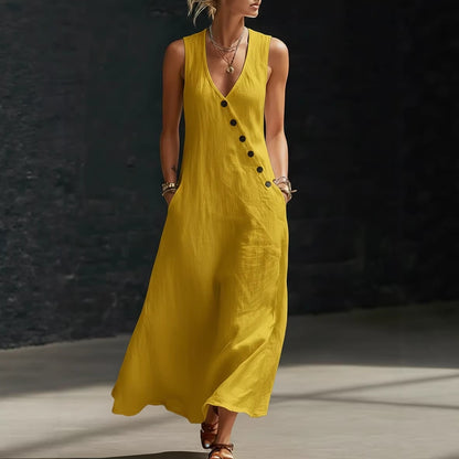 Women's V-Neck Cotton Linen Sleeveless Vest Maxi Dress Casual Summer Beach Vacation Boho Outfit