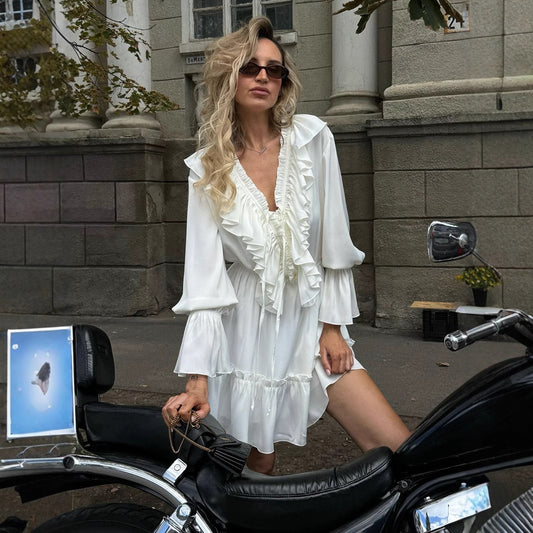 V-neck dress women's new horn sleeve dress short chiffon dress