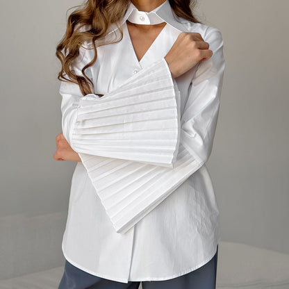 Design sense French teamperament pure cotton horn sleeve shirt spring and summer personalized fashion commuter new shirt