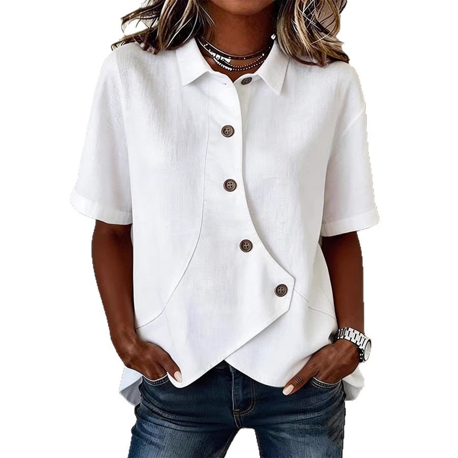 Women's Casual Solid Color Irregular Hem Button Up Short Sleeve Loose Top Summer Vacation Outfit - Seldom Seen Styles