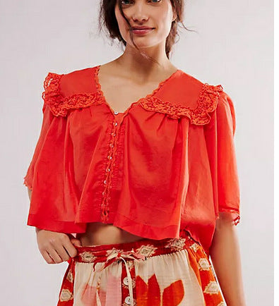 Lace collar chiffon solid color loose fashion lace pleated top women
