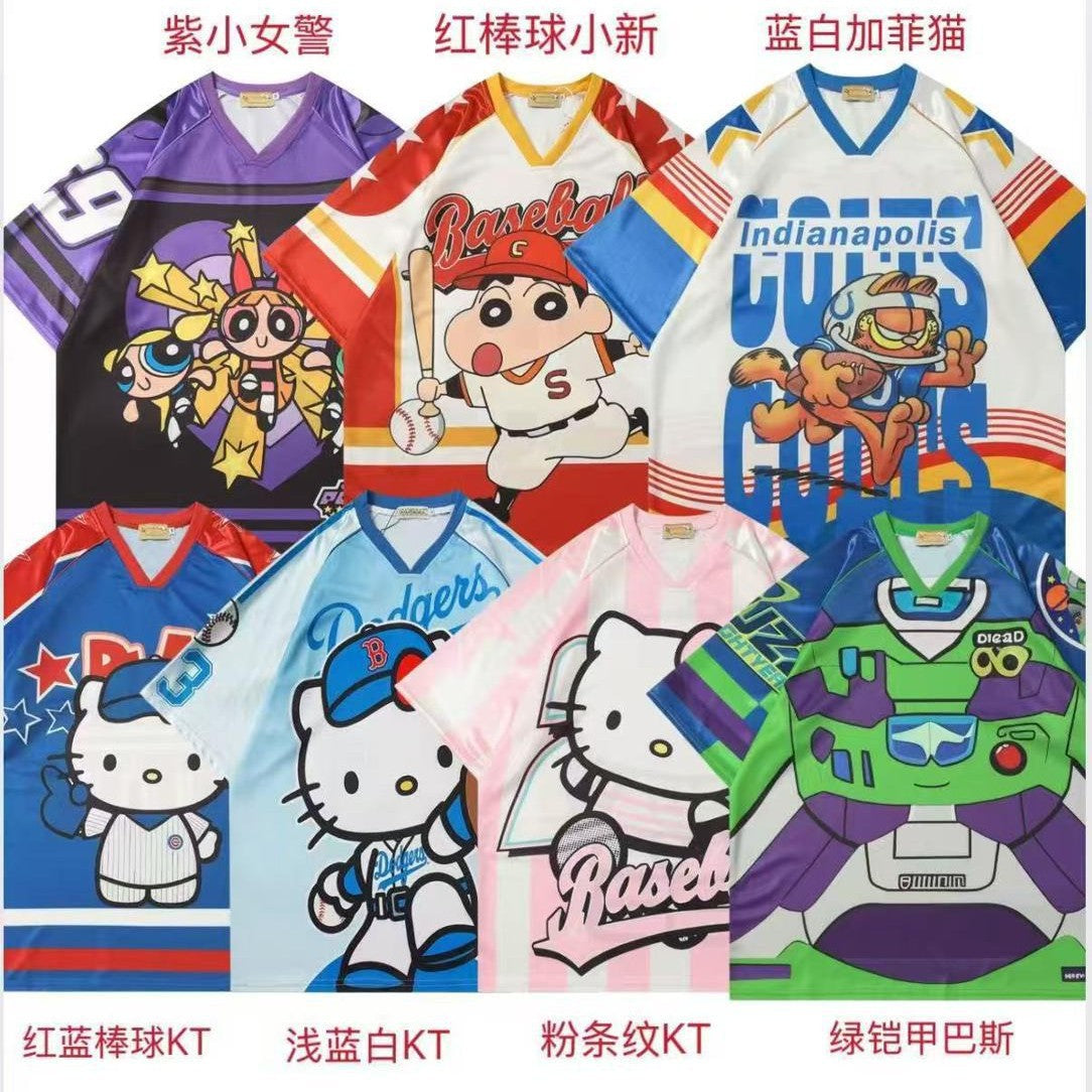 Cartoon Sports Jersey V-Neck Short Sleeve T-Shirt Unisex Loose Fit Retro Splicing Couple Casual Graphic Tee | Jersey Toon