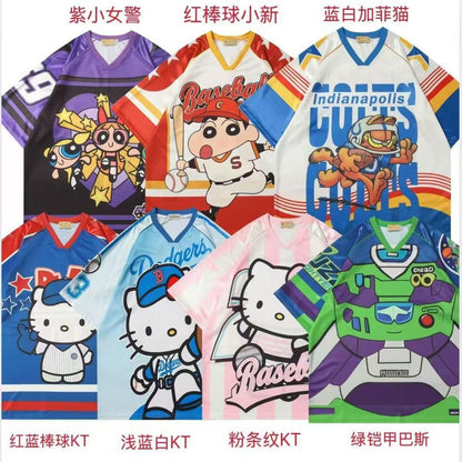 Cartoon Sports Jersey V-Neck Short Sleeve T-Shirt Unisex Loose Fit Retro Splicing Couple Casual Graphic Tee | Jersey Toon