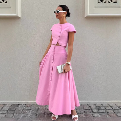 Women's Pink Two Piece Skirt Set Elegant Crop Top and High Waist Maxi Skirt Outfit