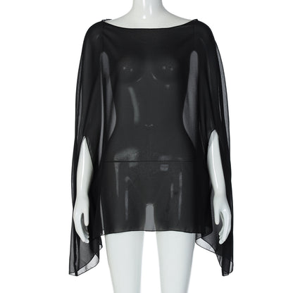 New street style top sexy perspective loose versatile pullover women's large size chiffon blouse