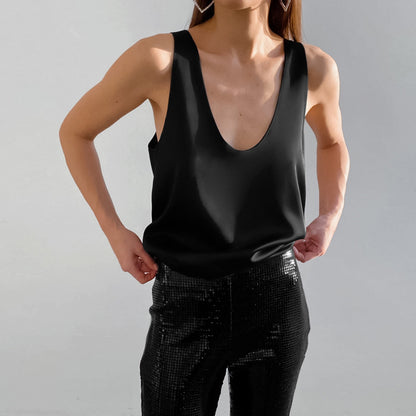 Women's Satin Deep V Neck Tank Top Loose Fit Sleeveless Silk Camisole Blouse