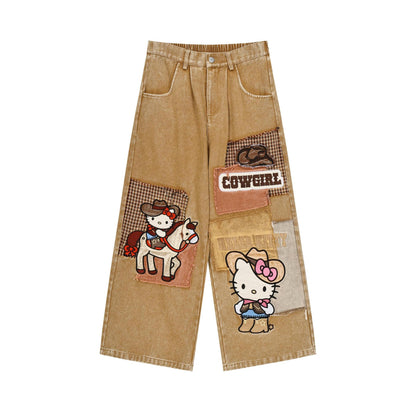 KT Cat Sticker Denim Jeans Wide Leg Loose Fit Heavy Industry Patch Maillard Retro Streetwear Couple Casual Trousers | KT Denim Jeans