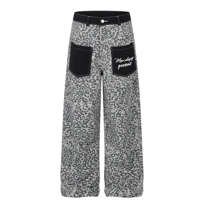 DARKAGE Leopard Print Wide-Leg Pants with Contrast Contrast Pockets