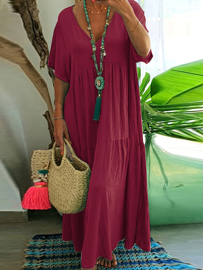 Women's Solid Color Loose V-Neck Short Sleeve Big Swing Maxi Dress Summer Casual Vacation Outfit Plus Size
