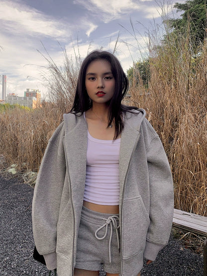 520G  retro top jacket oversize cardigan hooded sweater women loose lazy wind