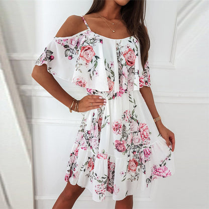 Women's Floral Off Shoulder Dress Chiffon Summer Boho Mini Dress