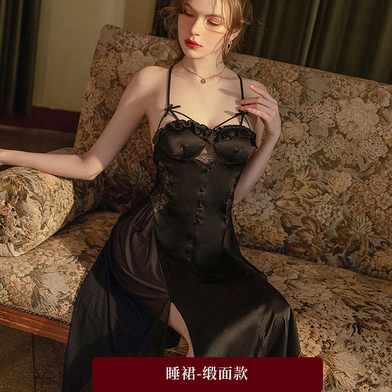 Women's Leopard Print Satin Nightgown French Lace Slip Dress Sexy Spaghetti Strap Sleepwear Maxi Nightdress with Matching Robe - Seldom Seen Styles
