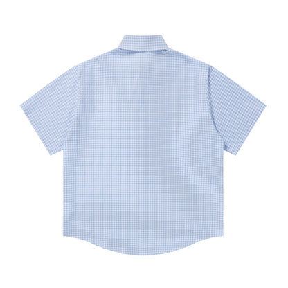 Striped Plaid Short Sleeve Shirt Baseball College Style Loose Fit Casual Streetwear Couple Summer Cityboy Button-Up | Grid Varsity Shirt