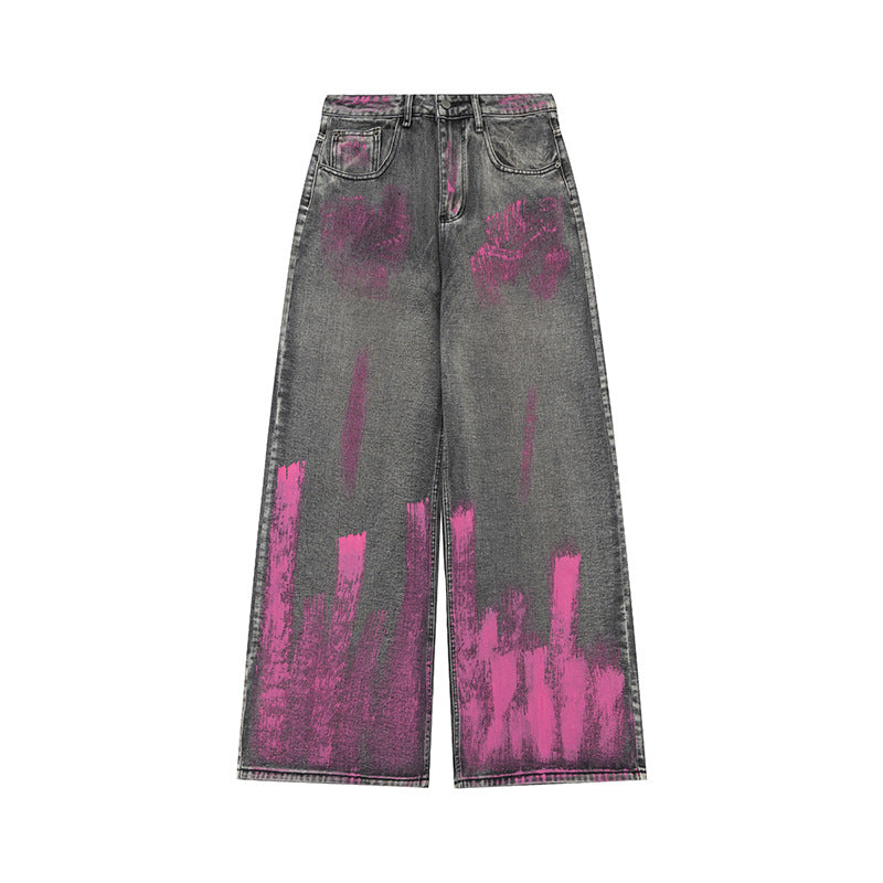 DARKAGE Vintage Washed Mud-Dyed Pink Paint Wide-Leg Jeans
