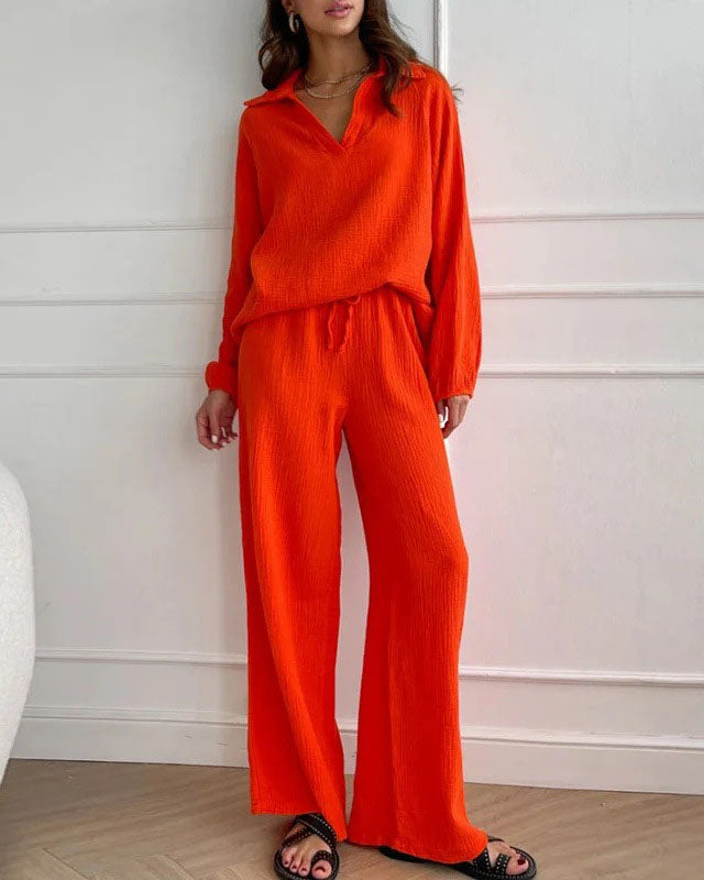 Long Sleeve Lapel Top Drawstring Pants Two-Piece Set - Seldom Seen Styles