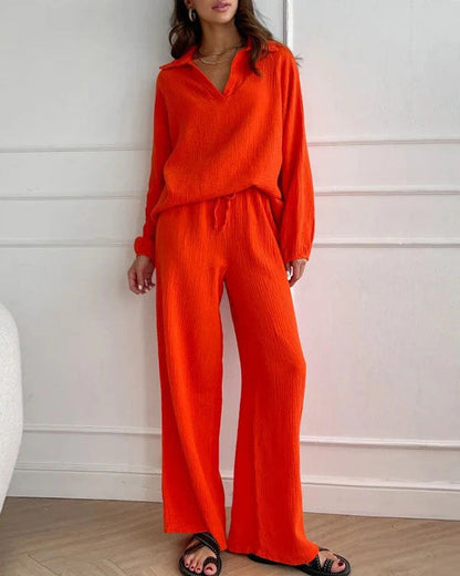 Ensemble deux pièces pantalon à cordon et haut à revers à manches longues