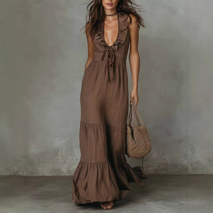 Women's Deep V Neck Ruffle Sleeveless Maxi Dress Loose Fit Casual Summer Beach Dress