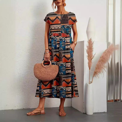 Women's Printed Cotton Linen Maxi Dress Casual Loose Summer Dress