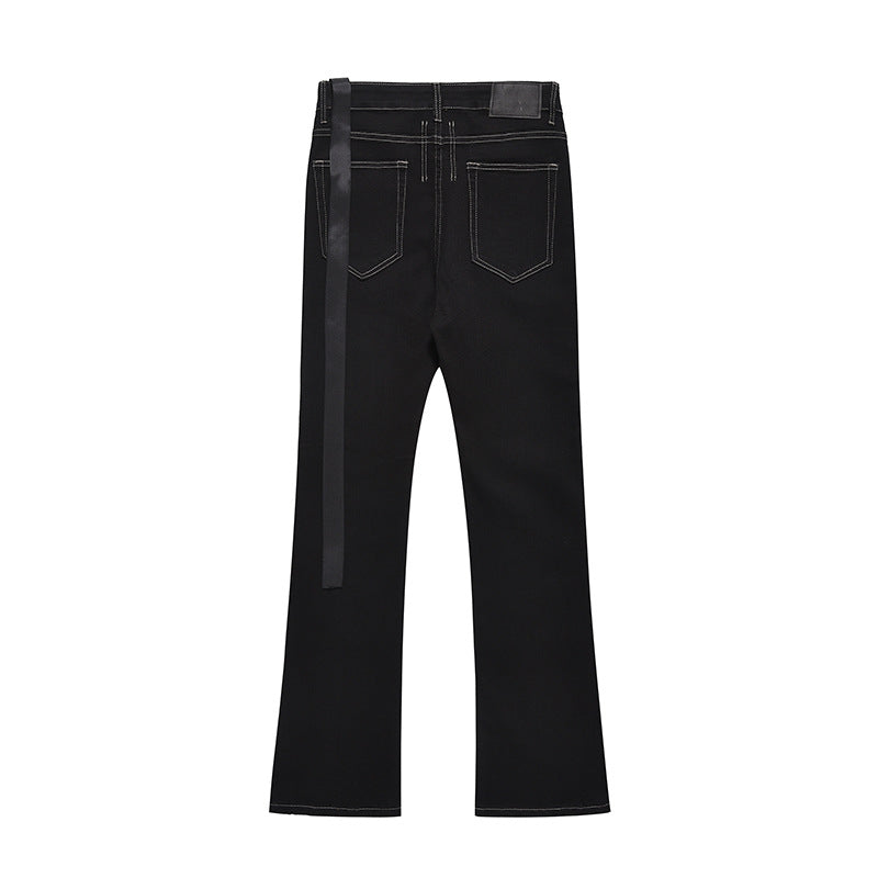 DARKAGE Contrast Stitch Flared Denim Jeans with Ribbon