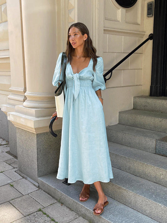 Women's Puff Sleeve Midi Dress Tie Front Cottagecore Vacation Summer Dress - Seldom Seen Styles