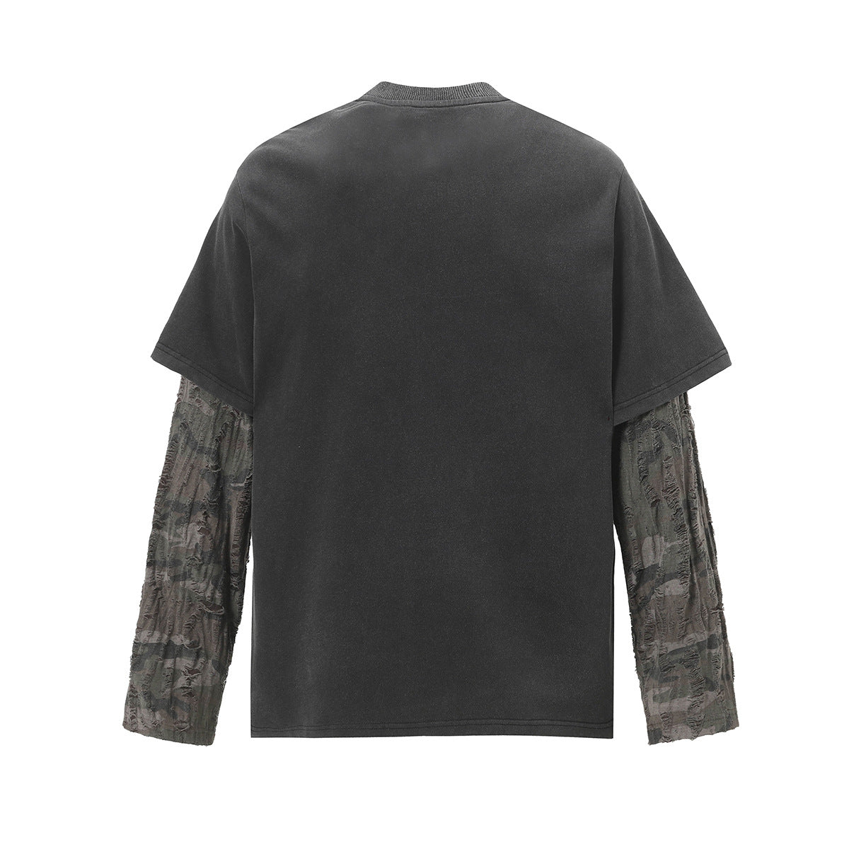 Faux Two-Piece Distressed Camo Sleeve Long Sleeve Tee - Washed Black