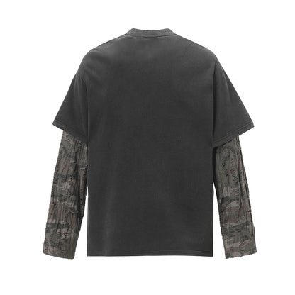 Faux Two-Piece Distressed Camo Sleeve Long Sleeve Tee - Washed Black