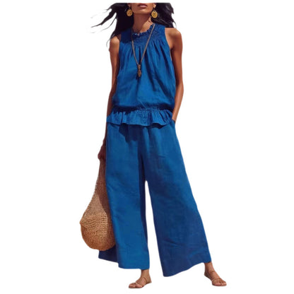 Women's Sleeveless Ruffle Wide Leg Pants Two Piece Set Cotton Linen Casual Summer Beach Outfit