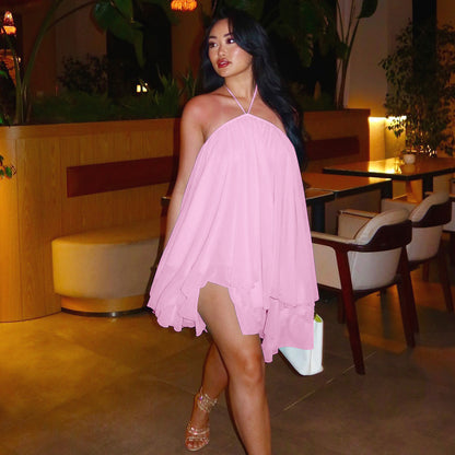 Women's Backless Halter Mini Dress Flowy Chiffon Loose Fit Vacation Party Dress