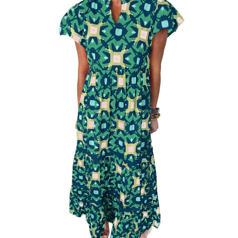 Women's Boho Print Maxi Dress V Neck Short Sleeve High Waist Summer Vacation Dress - Seldom Seen Styles
