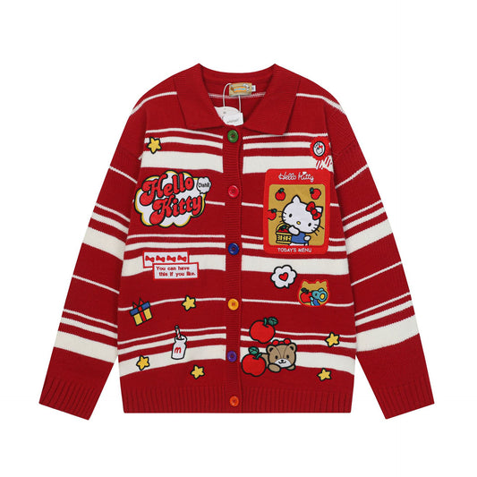 Color Block Embroidery Hello Kitty Knit Sweater Cardigan Unisex Loose Fit Cartoon Teen Streetwear Jacket | Stripe KT