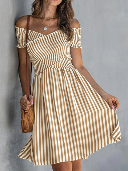 Women's Off Shoulder Striped Maxi Dress Slim Fit Summer Vacation Dress