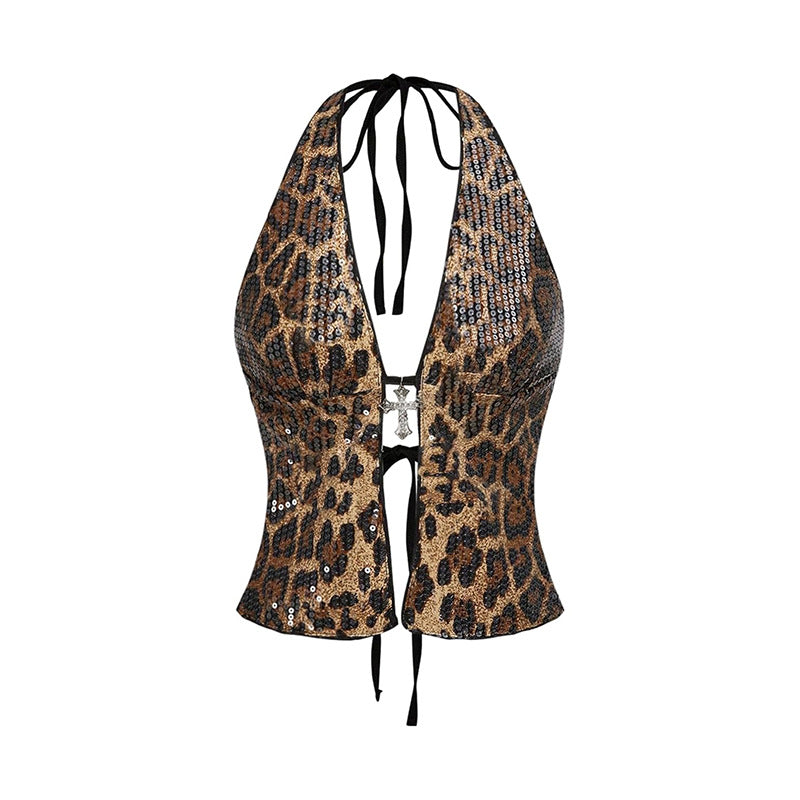 Neck Leopard Print Wild Sexy Hottie Slim Deep V Halter Sleeveless Neck Sexy Vest Ladies Top - Seldom Seen Styles